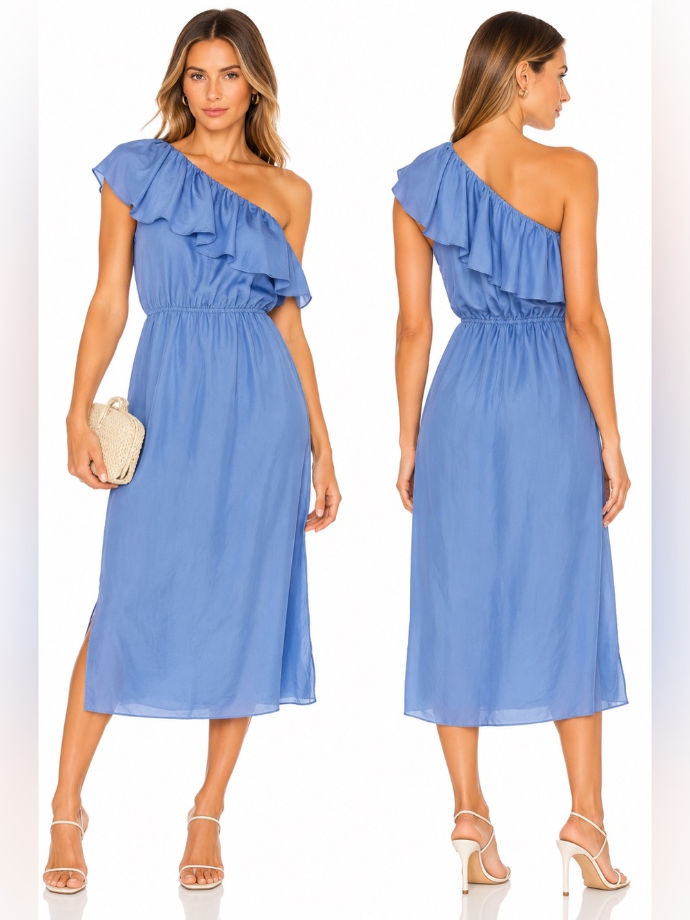 Club Monaco Blue 100% Silk One Shoulder Ruffle Midi Dress Size 6